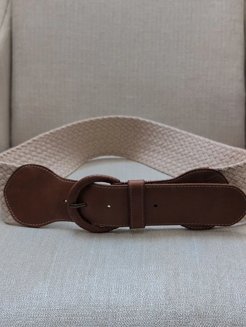 J. McLaughlin Brown Leather-Trim Wide Woven Belt Coastal Preppy Size L/XL